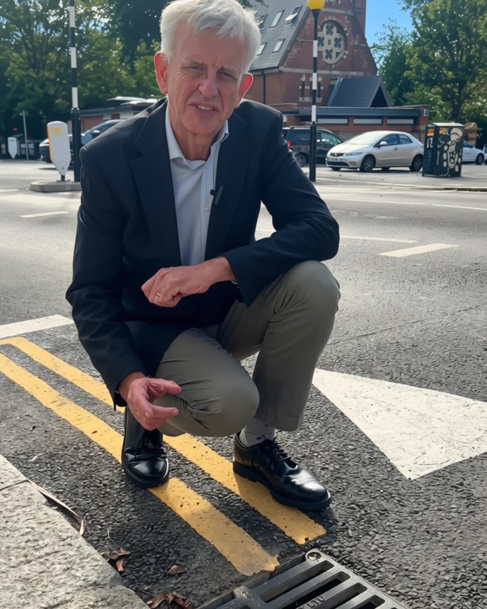 A man with grey hair wearing a black jacket and olive green trousers is crouching on a paved street with yellow and white road markings, looking towards the camera.